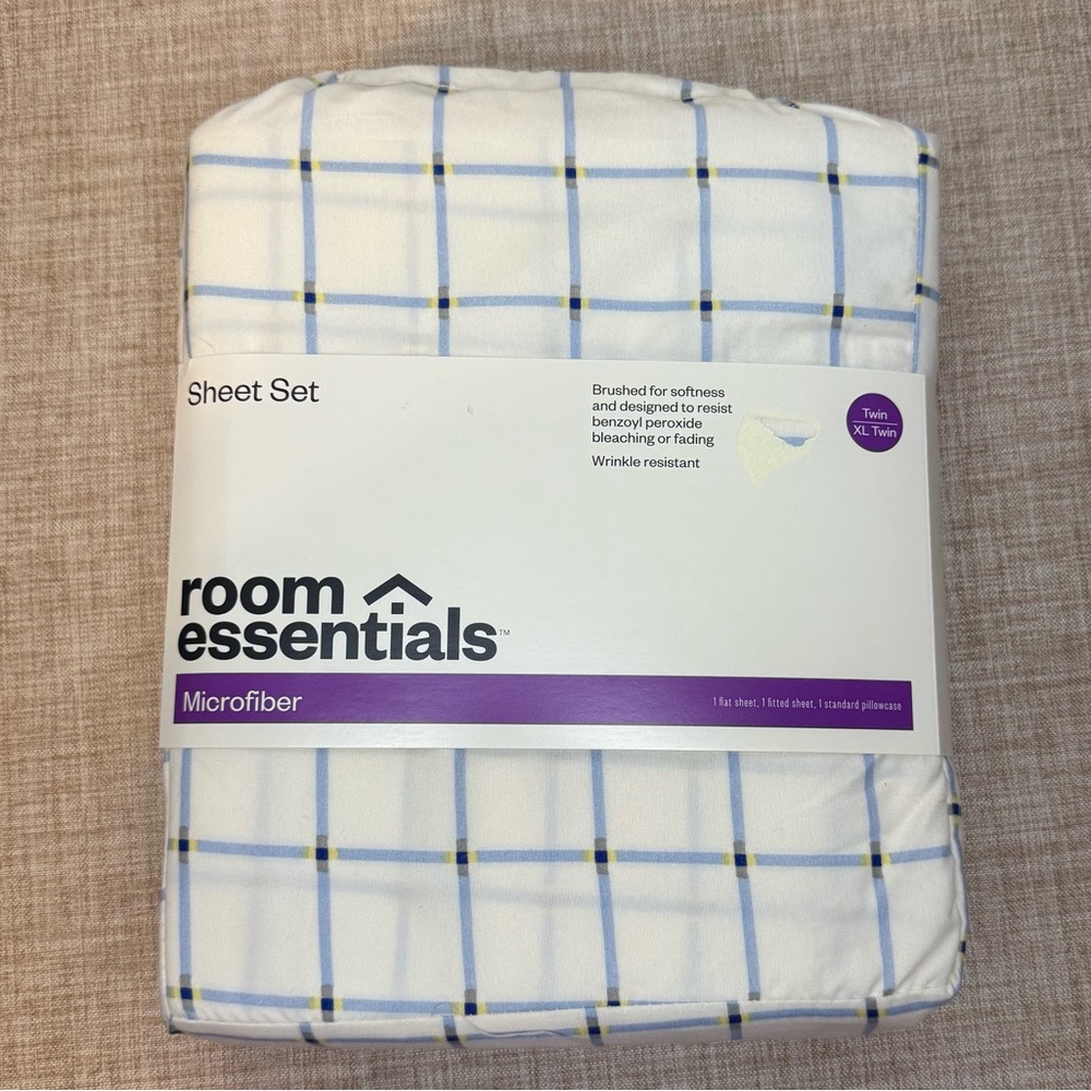 Room Essentials Twin Sheet‎ Set Blue Grid Microfiber Twin XL Compatible NWT